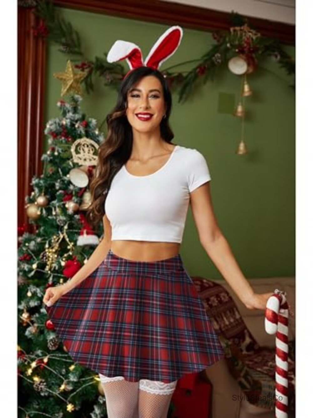 Women's Plaid Mini Skater Skirt High Waist A-Line Stretchable - Picture 5 of 6